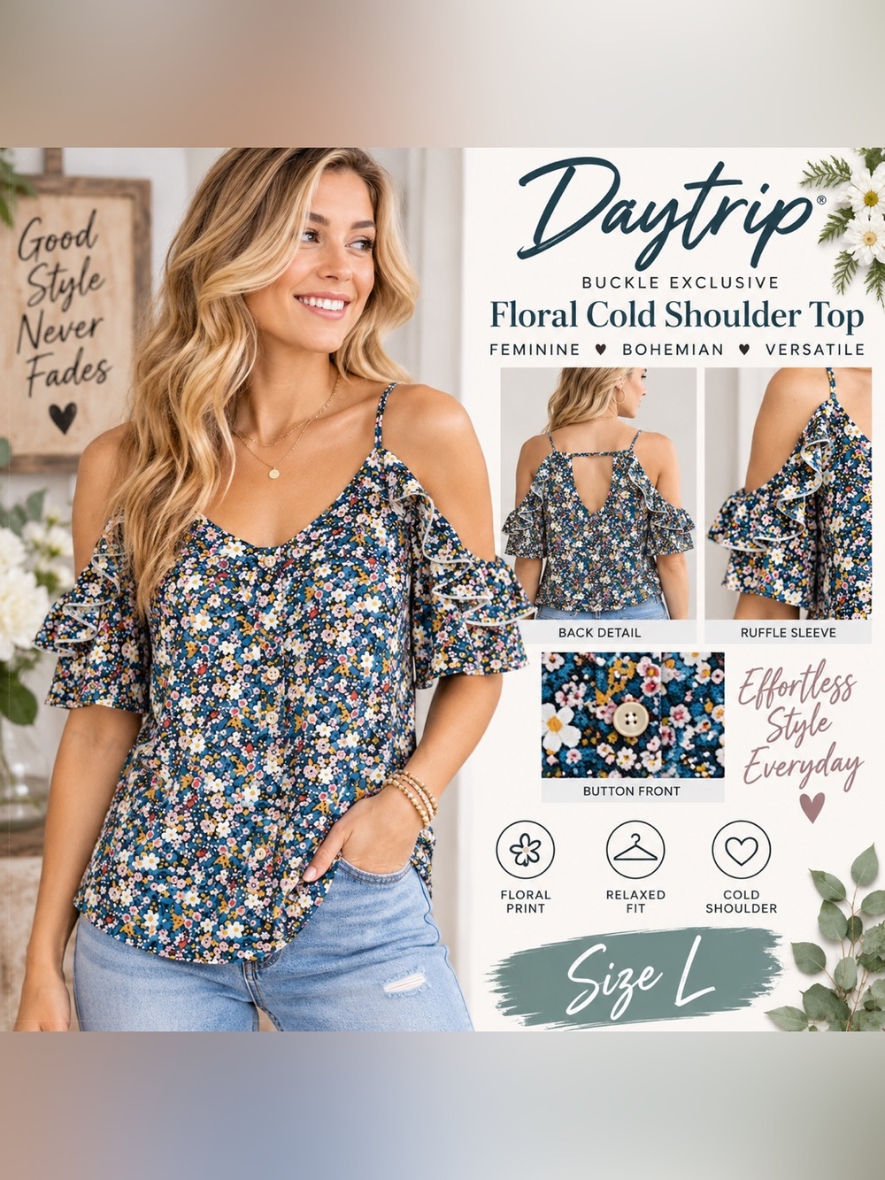 DAYTRIP FLORAL COLD SHOULDER RUFFLE TOP • SIZE L